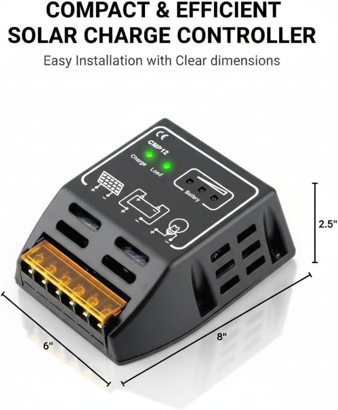 Photo 1 of 15 Amp 12V/24V Auto CMP12 PWM Negative Ground Solar Charge Controller Compact Design for AGM, Gel, Flooded and Lithium Battery