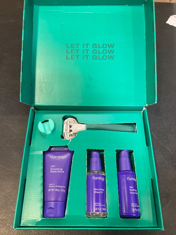 Photo 1 of Flamingo Complete Shave Set for Women- Razor Handle, Blade Refill, Mini Smoothing Shave Scrub, Mini Nourishing Shaving Oil, Mini Soothing Shave Serum, and Shower Holder