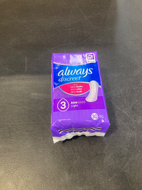 Photo 1 of Always Discreet, Incontinence Light Pads, 3 Drops, 30 Pads each (1 Pack)