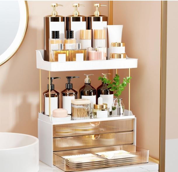 Photo 1 of 3 Large Drawers Makeup Organizer - 5 Tier Bathroom Counter Organizers and Storage, Versatile Perfume Vanity Organizer, Ideal for Cosmetic, Large Skincare, Face Mask, Office Supplies, Amber
