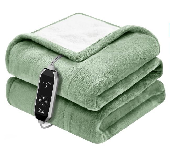 Photo 1 of Reaks Heated Blanket Throw, 50×60 Inches, Fast Heating Blanket 10 Heat & 9 Timer Settings, Electric Blanket Soft Flannel Sherpa, Automatic Power Off Function, ETL & FCC, Machine Washable, Green
