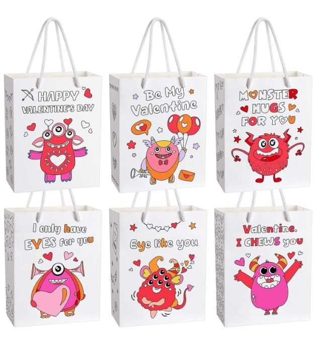 Photo 1 of Resholder 24 Pcs Color Your Own Valentine Gift Bags with Handle Monster Paper Candy Goodie Bags to Paint DIY Coloring Crafts Exchange Gifts for Valentine's Day Party Favors