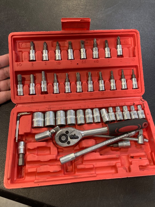 Photo 1 of Beaiguna 46PCS Small Drive Socket Ratchet Wrench Screwdriver Set, 1/4 Inch Metric Socket and Ratchet Wrench Set with Extension Bar, Upgrade Compact Tool Set for Car