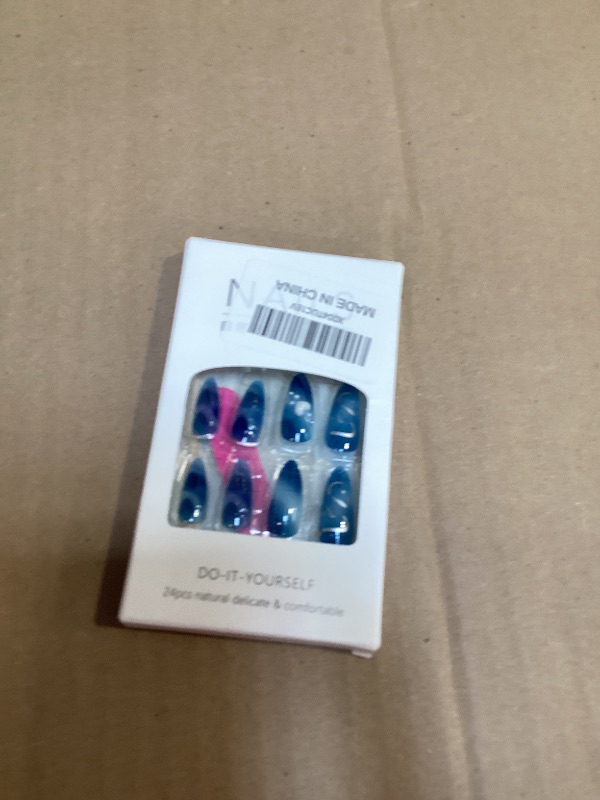 View 2 of 24Pcs Blue Press on Nails Medium Almond Glossy Fake Nails with 3D Wave Heart Pearl Star Sparkle Pattern Cute False Nail French Nails Full Cover Artificial Glue on Nail Handmade Stick on Nail for Women