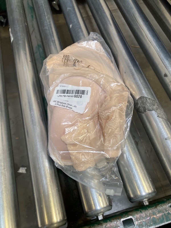 Photo 1 of 38C Strapless Clear Halter Bra with Transparent Straps Invisible Back Lace Full Cleavage Lightly Padded Plus Size Biege