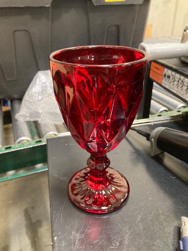 Photo 1 of Yinder Glass Goblet Vintage Wine Goblet Embossed Glassware 10 oz Solid Color Glass Stemmed Cups for Iced Tea Beverage Soda Juice Water Liquor and Party Wedding Bars Restaurants(Red