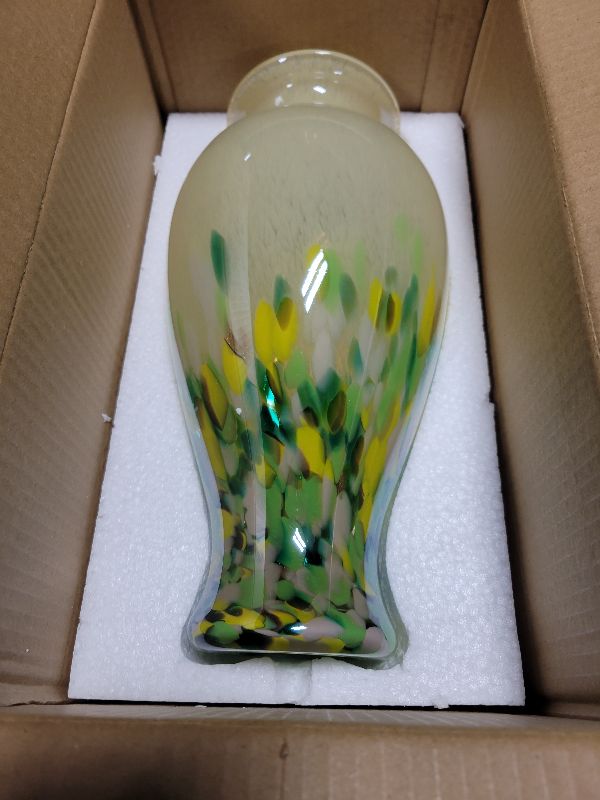 Photo 1 of 11.8" Tall Green Glass Vase Beautiful Hand Blown Glass Vase Modern Art Home Decor, Wide Mouth Colorful Vases for Mantle Dining Table Centerpiece, Entryway Living Room Wedding Decoration