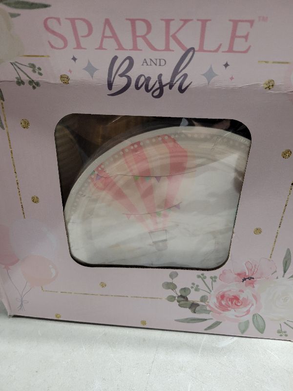 Photo 1 of 168-Piece Hot Air Balloon Party Decorations for Baby Shower, Birthday Party, Disposable Dinnerware Set with Paper Plates, Plastic Cutlery, Cups, and Napkins (Serves 24)