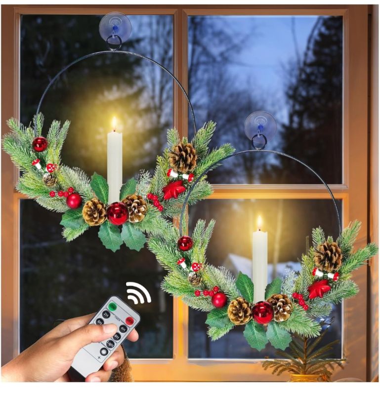Photo 1 of 
2Pack Christmas Wreaths for Front Door with LED Taper Candles, 16-inch Window Wreath Christmas with Light & Remote, Battery Operated Outdoor Winter Ornaments Christmas Decorations?Basic?
