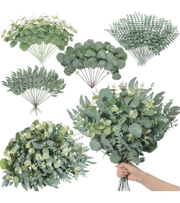 Photo 1 of 
Serwalin 100pcs Artificial Mixed Eucalyptus Stems Leaves Bulk, 4Kinds Fake Greenery Silver Dollar Eucalyptus Leaves Picks,Faux Greenry Stems Sprays for DIY Bouquets Floral Arrangement Home Decor
