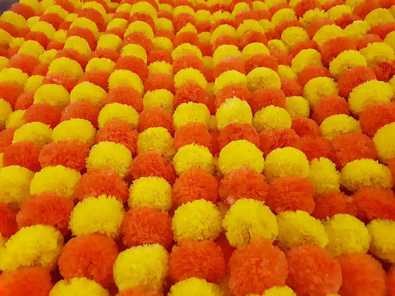 Photo 1 of  Artificial Marigold Flowers, Diwali Decorations Home, Indian Décor Pooja, Wedding, Spring Bush Floral, Faux Garland, Día de Muertos Décor (Orange+Yellow)