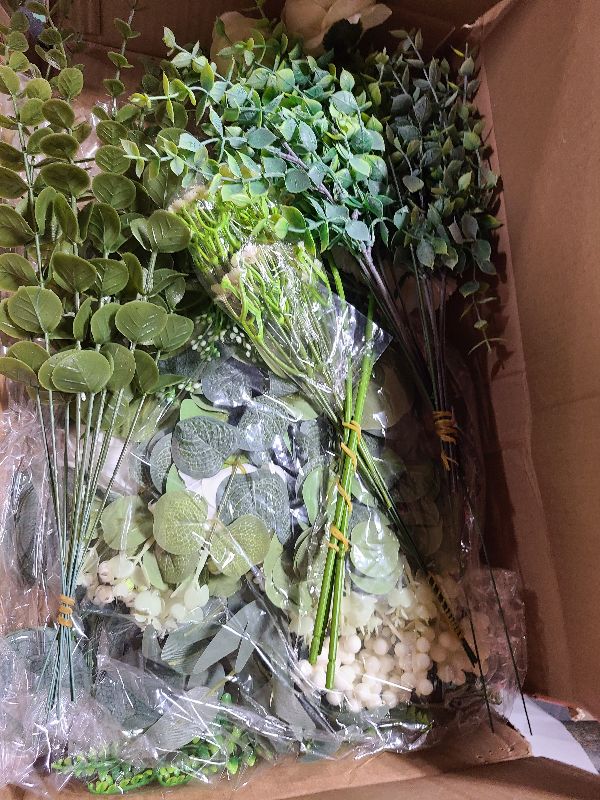 Photo 1 of 120Pcs 15 Kinds Mixed Artificial Eucalyptus Leaves Stems and Faux Flowers Bulk, Fake Silver Dollar Eucalyptus Bundle Plants Greenery Branches for Wedding Vase Bouquets Floral Arrangement Home Decor