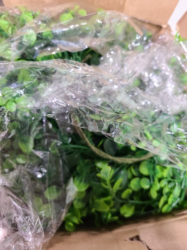 Photo 1 of 12 Pcs Mini Boxwood Table Centerpieces Green Pillars Candle Rings Wreaths 9 Inch Wreath for Cabinets Farmhouse Wreaths with Ribbon for Front Door Porch Wall Window Decorations