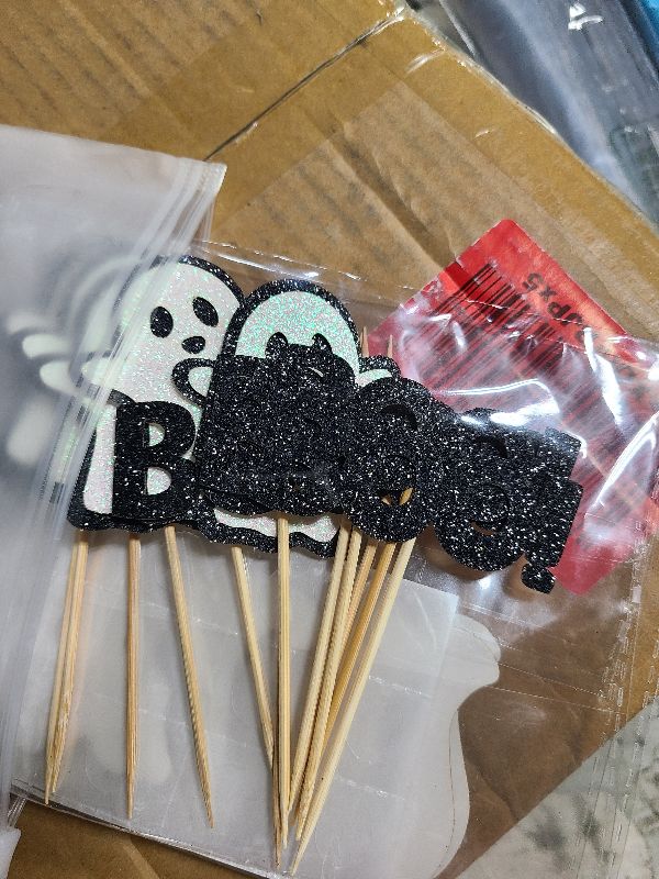Photo 1 of 24 Pack Glitter Halloween Ghost Cupcake Toppers - Baby Shower Decor Gender Reveal Decorations (Black)