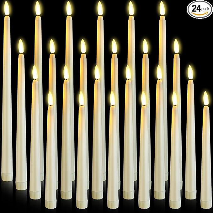 Photo 1 of 24 Pcs Flameless LED Taper Candles Battery Operated Candles 8.58'', 9.69'', 10.98'', 12.91'', 12.8'' Flameless Candlesticks Flickering for Halloween Christmas Church Wedding(Ivory)