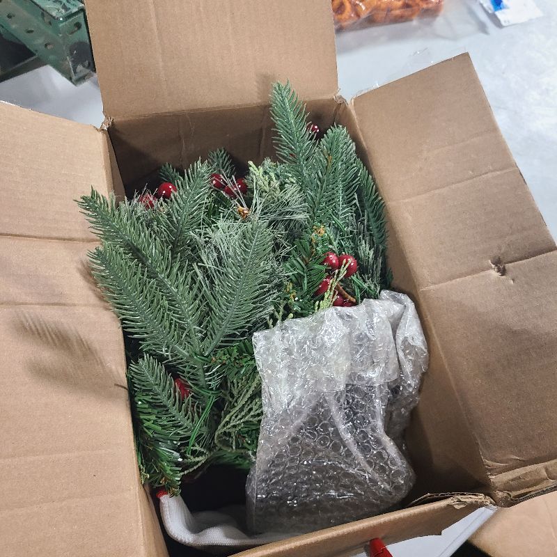 Photo 1 of 1 Pcs 30 Inch Christmas Tree Green Outdoor Planter Pots Filler Prelit Xmas Pine Trees with Cones and Red Berries 50 Warm White LED with 8 Light Modes and Timer for Yard