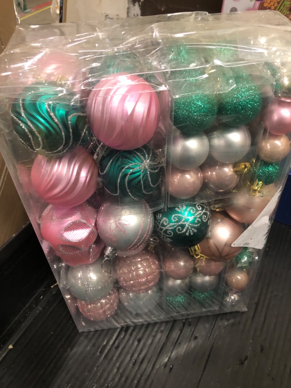Photo 1 of 100pcs Pink & Green Christmas Balls Ornaments Set, Shatterproof Plastic Christmas Tree Decorations Elegant Multicolor Hanging Ornaments Bulk Indoor Decorations for Holiday Wedding Party (Pink&Green)