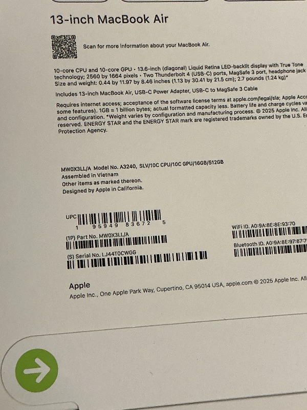 Photo 1 of Apple 2025 MacBook Air 13-inch Laptop with M4 chip: Built for Apple Intelligence, 13.6-inch Liquid Retina Display, 16GB Unified Memory, 512GB SSD Storage, 12MP Center Stage Camera, Touch ID; Silver