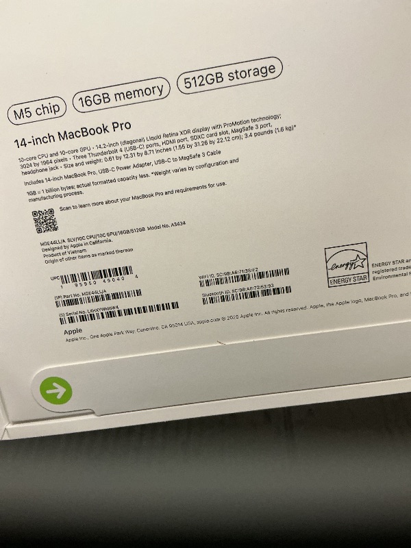 Photo 1 of Apple 2025 MacBook Pro Laptop with M5 chip with 10?core CPU and 10?core GPU: Built for Apple Intelligence, 14.2-inch Liquid Retina XDR Display, 16GB Unified Memory, 512GB SSD Storage; Silver
