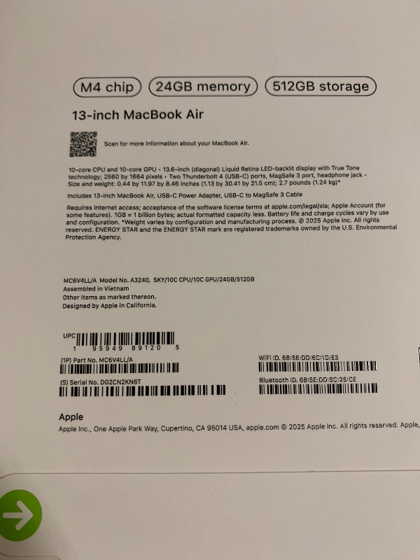 Photo 1 of Apple 2025 MacBook Air 13-inch Laptop with M4 chip: Built for Apple Intelligence, 13.6-inch Liquid Retina Display, 24GB Unified Memory, 512GB SSD Storage, 12MP Center Stage Camera, Touch ID; Sky Blue