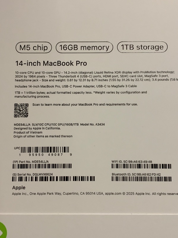 Photo 1 of Apple 2025 MacBook Pro Laptop with M5 chip with 10?core CPU and 10?core GPU: Built for Apple Intelligence, 14.2-inch Liquid Retina XDR Display, 16GB Unified Memory, 1TB SSD Storage; Silver