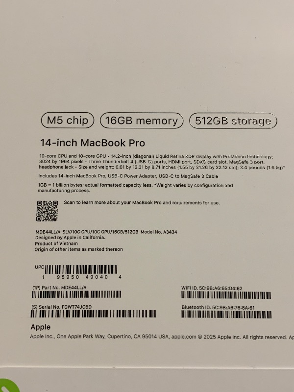Photo 1 of Apple 2025 MacBook Pro Laptop with M5 chip with 10?core CPU and 10?core GPU: Built for Apple Intelligence, 14.2-inch Liquid Retina XDR Display, 16GB Unified Memory, 512GB SSD Storage; Silver
