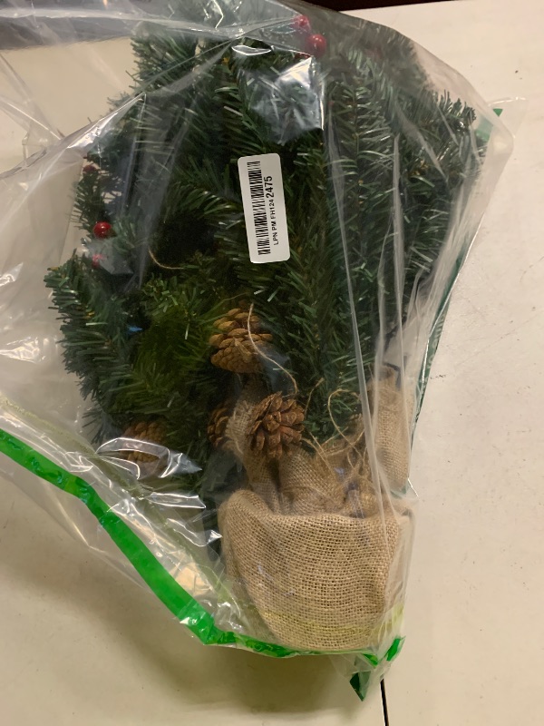 Photo 1 of 3 ft Artificial Mini Christmas Tree, Remote Control and Timer, Tabletop Small Christmas Trees 50 Warm White&Colorful Dual Color Lights 110 Tips 12 Pinecones 12 Red Berries Burlap Base Home Xmas Decor