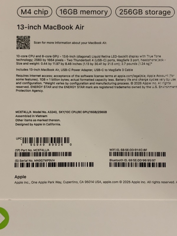 Photo 1 of Apple 2025 MacBook Air 13-inch Laptop with M4 chip: Built for Apple Intelligence, 13.6-inch Liquid Retina Display, 16GB Unified Memory, 256GB SSD Storage, 12MP Center Stage Camera, Touch ID; Sky Blue