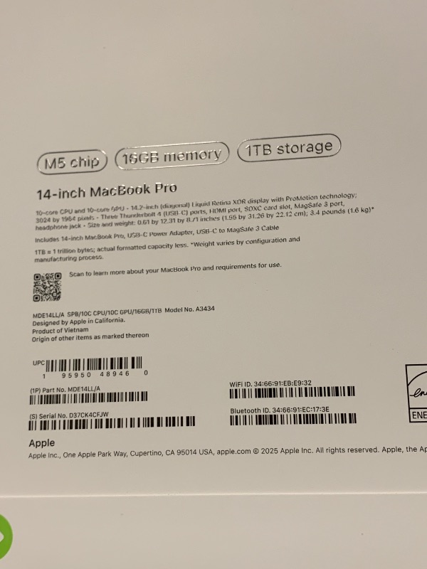 Photo 1 of Apple 2025 MacBook Pro Laptop with M5 chip with 10?core CPU and 10?core GPU: Built for Apple Intelligence, 14.2-inch Liquid Retina XDR Display, 16GB Unified Memory, 1TB SSD Storage; Space Black