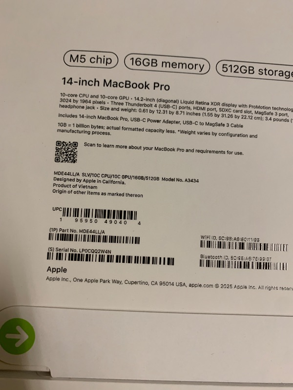 Photo 1 of Apple 2025 MacBook Pro Laptop with M5 chip with 10?core CPU and 10?core GPU: Built for Apple Intelligence, 14.2-inch Liquid Retina XDR Display, 16GB Unified Memory, 512GB SSD Storage; Silver