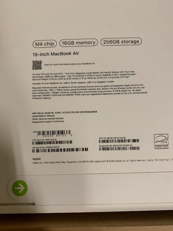 Photo 1 of Apple 2025 MacBook Air 15-inch Laptop with M4 chip: Built for Apple Intelligence, 15.3-inch Liquid Retina Display, 16GB Unified Memory, 256GB SSD Storage, 12MP Center Stage Camera, Touch ID; Starlight