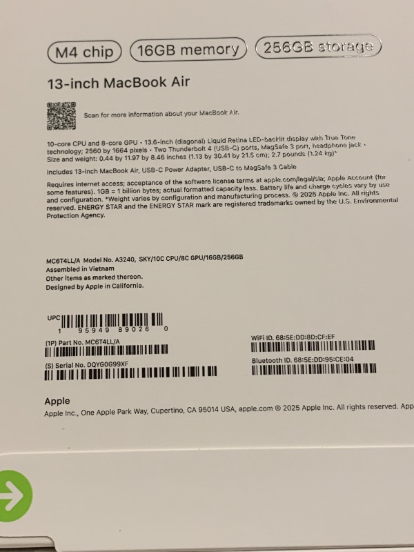 Photo 1 of Apple 2025 MacBook Air 13-inch Laptop with M4 chip: Built for Apple Intelligence, 13.6-inch Liquid Retina Display, 16GB Unified Memory, 256GB SSD Storage, 12MP Center Stage Camera, Touch ID; Sky Blue