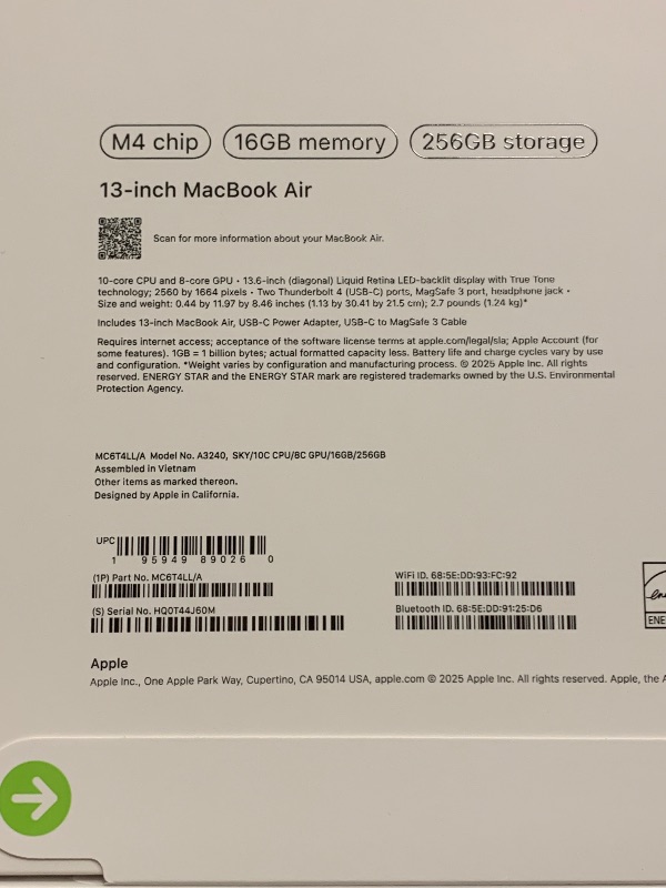 Photo 1 of Apple 2025 MacBook Air 13-inch Laptop with M4 chip: Built for Apple Intelligence, 13.6-inch Liquid Retina Display, 16GB Unified Memory, 256GB SSD Storage, 12MP Center Stage Camera, Touch ID; Sky Blue