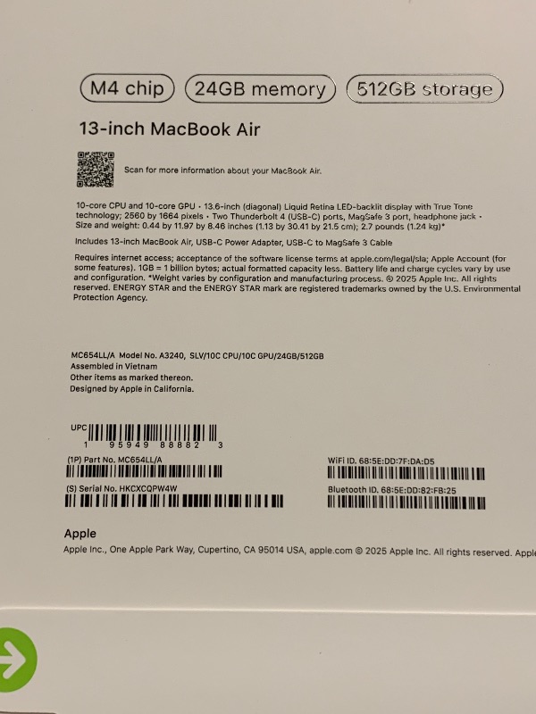 Photo 1 of Apple 2025 MacBook Air 13-inch Laptop with M4 chip: Built for Apple Intelligence, 13.6-inch Liquid Retina Display, 24GB Unified Memory, 512GB SSD Storage, 12MP Center Stage Camera, Touch ID; Silver