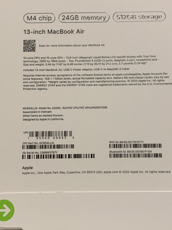 Photo 1 of Apple 2025 MacBook Air 13-inch Laptop with M4 chip: Built for Apple Intelligence, 13.6-inch Liquid Retina Display, 24GB Unified Memory, 512GB SSD Storage, 12MP Center Stage Camera, Touch ID; Silver