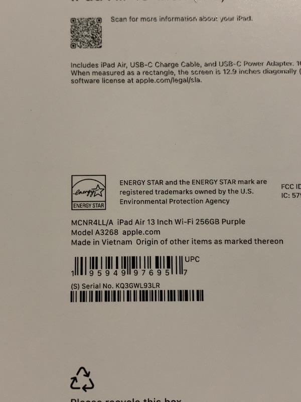 Photo 1 of Apple iPad Air 13-inch with M3 chip Built for Apple Intelligence, Liquid Retina Display, 256GB, 12MP Front/Back Camera, Wi-Fi 6E, Touch ID, All-Day Battery Life — Purple