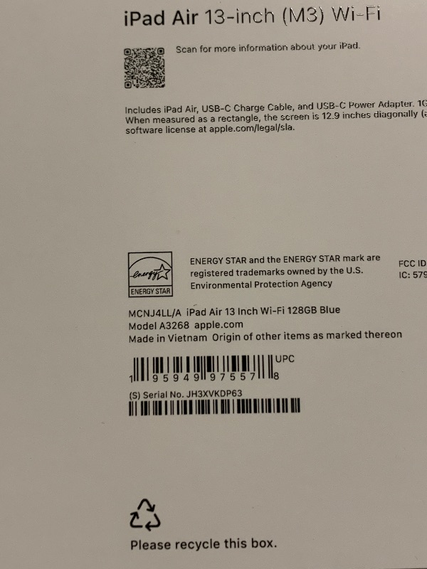 Photo 1 of Apple iPad Air 13-inch with M3 chip Built for Apple Intelligence, Liquid Retina Display, 128GB, 12MP Front/Back Camera, Wi-Fi 6E, Touch ID, All-Day Battery Life — Blue