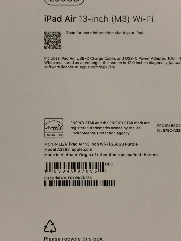 Photo 1 of Apple iPad Air 13-inch with M3 chip Built for Apple Intelligence, Liquid Retina Display, 256GB, 12MP Front/Back Camera, Wi-Fi 6E, Touch ID, All-Day Battery Life — Purple