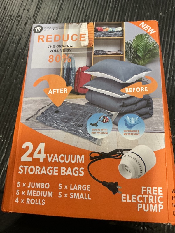 Photo 1 of 24 Pack Vacuum Storage Bags with Electric Pump, (5 Jumbo, 5 Large, 5 Medium, 5 Small, 4 Roll Up Bags) Space Saver Bag for Clothes, Blanket, Duvets, Pillows, Comforters,Travel