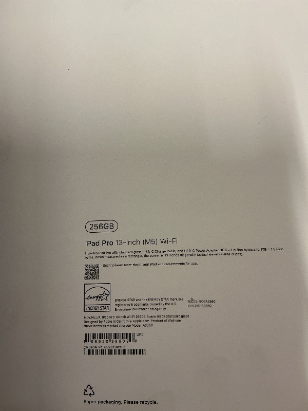 Photo 1 of Apple iPad Pro 13-inch (M5): Ultra Retina XDR Display, 256GB, Landscape 12MP Front Camera/12MP Back Camera, LiDAR Scanner, Wi-Fi 7 with Apple N1, Face ID, All-Day Battery Life — Space Black—- UNOPENED, SEALED