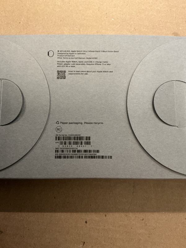 Photo 1 of Apple Watch Ultra 3 [GPS + Cellular 49mm] Running & Multisport Smartwatch w/Rugged Titanium Case w/Black Ocean Band. Satellite Communications, Advanced Health & Fitness Tracking — UNOPENED; SEALED 