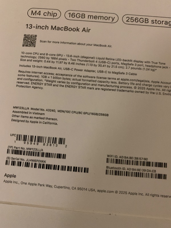 Photo 1 of Apple 2025 MacBook Air 13-inch Laptop with M4 chip: Built for Apple Intelligence, 13.6-inch Liquid Retina Display, 16GB Unified Memory, 256GB SSD Storage, 12MP Center Stage Camera, Touch ID; Midnight