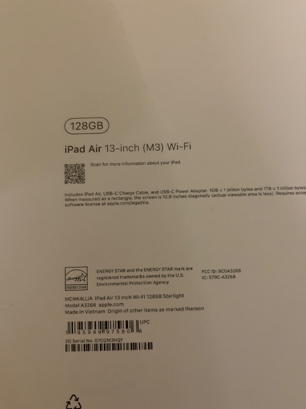Photo 1 of Apple iPad Air 13-inch with M3 chip Built for Apple Intelligence, Liquid Retina Display, 128GB, 12MP Front/Back Camera, Wi-Fi 6E, Touch ID, All-Day Battery Life — Starlight