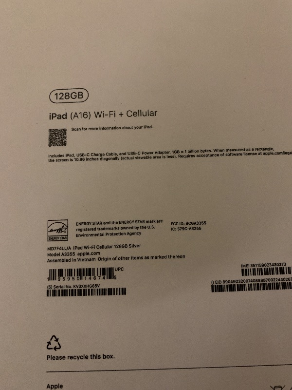 Photo 1 of Apple iPad 11-inch: A16 chip, 11-inch Model, Liquid Retina Display, 128GB, Wi-Fi 6 + 5G Cellular, 12MP Front/12MP Back Camera, Touch ID, All-Day Battery Life — Silver