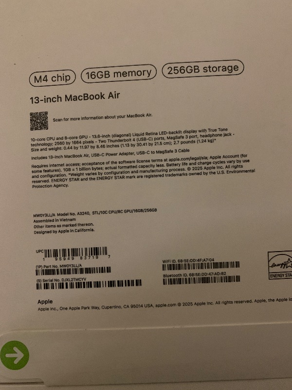 Photo 1 of Apple 2025 MacBook Air 13-inch Laptop with M4 chip: Built for Apple Intelligence, 13.6-inch Liquid Retina Display, 16GB Unified Memory, 256GB SSD Storage, 12MP Center Stage Camera, Touch ID; Starlight