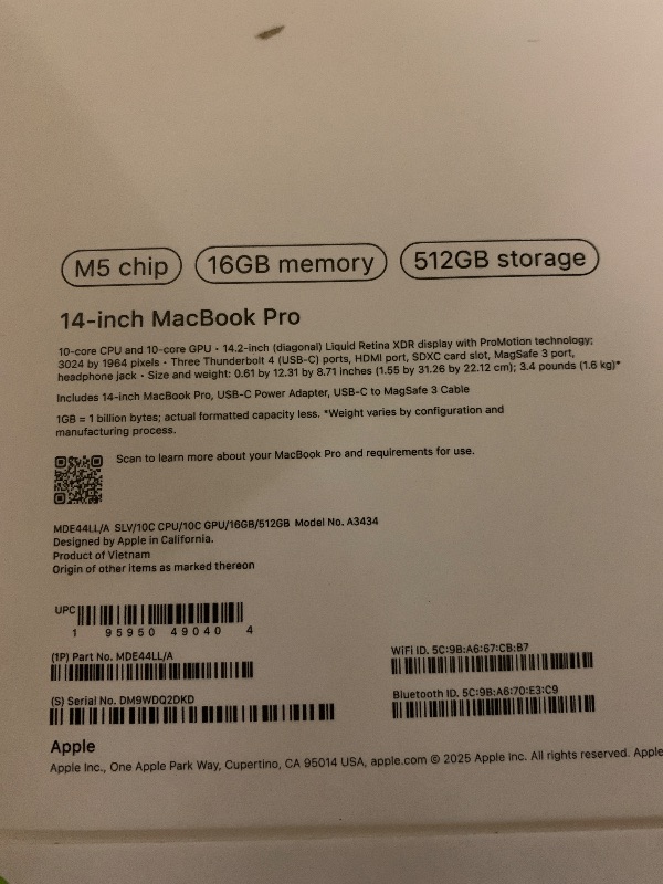 Photo 1 of Apple 2025 MacBook Pro Laptop with M5 chip with 10?core CPU and 10?core GPU: Built for Apple Intelligence, 14.2-inch Liquid Retina XDR Display, 16GB Unified Memory, 512GB SSD Storage; Silver