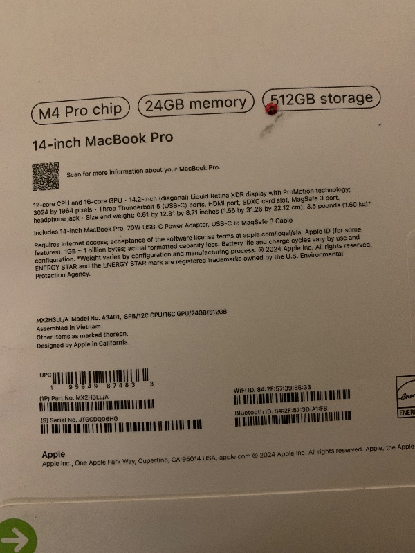 Photo 1 of Apple 2024 MacBook Pro Laptop with M4 Pro, 12?core CPU, 16?core GPU: Built for Apple Intelligence 14.2-inch Liquid Retina XDR Display, 24GB Unified Memory, 512GB SSD Storage; Space Black