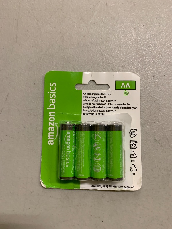 Photo 1 of Amazon Basics 4-Pack Rechargeable AA NiMH High-Capacity Batteries, 2400 mAh, 1.2V, Recharge up to 400x Times, Pre-Charged