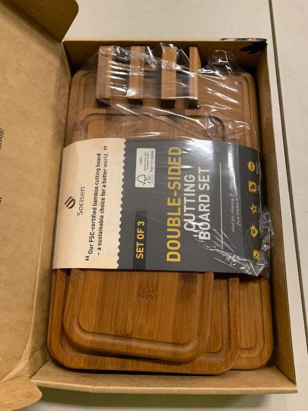 Photo 1 of 3 Packs Bamboo Cutting Board Set with Holder Nice Solid Thick Wood Deep Juice Groove & Built-in Handles Chopping Board Large Big Small Best Hardwood Kitchen Counter Organic Vegetable Meat BBQ Kit