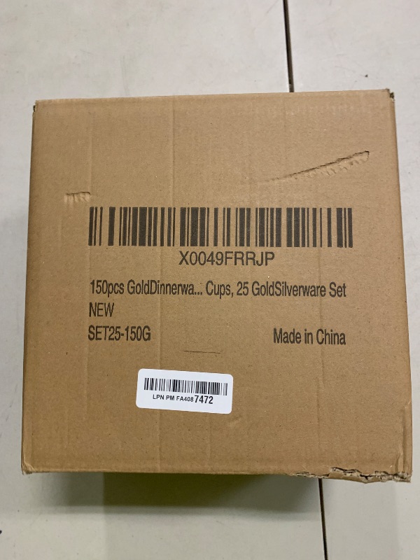 Photo 1 of 150 PCS Gold Disposable Dinnerware Set for 25 Guests, Gold and White Plastic Plates for Party, 25 Dinner & Salad Plates, 25 Cups, 25 Forks Knives Spoons for Wedding and Party Supplies